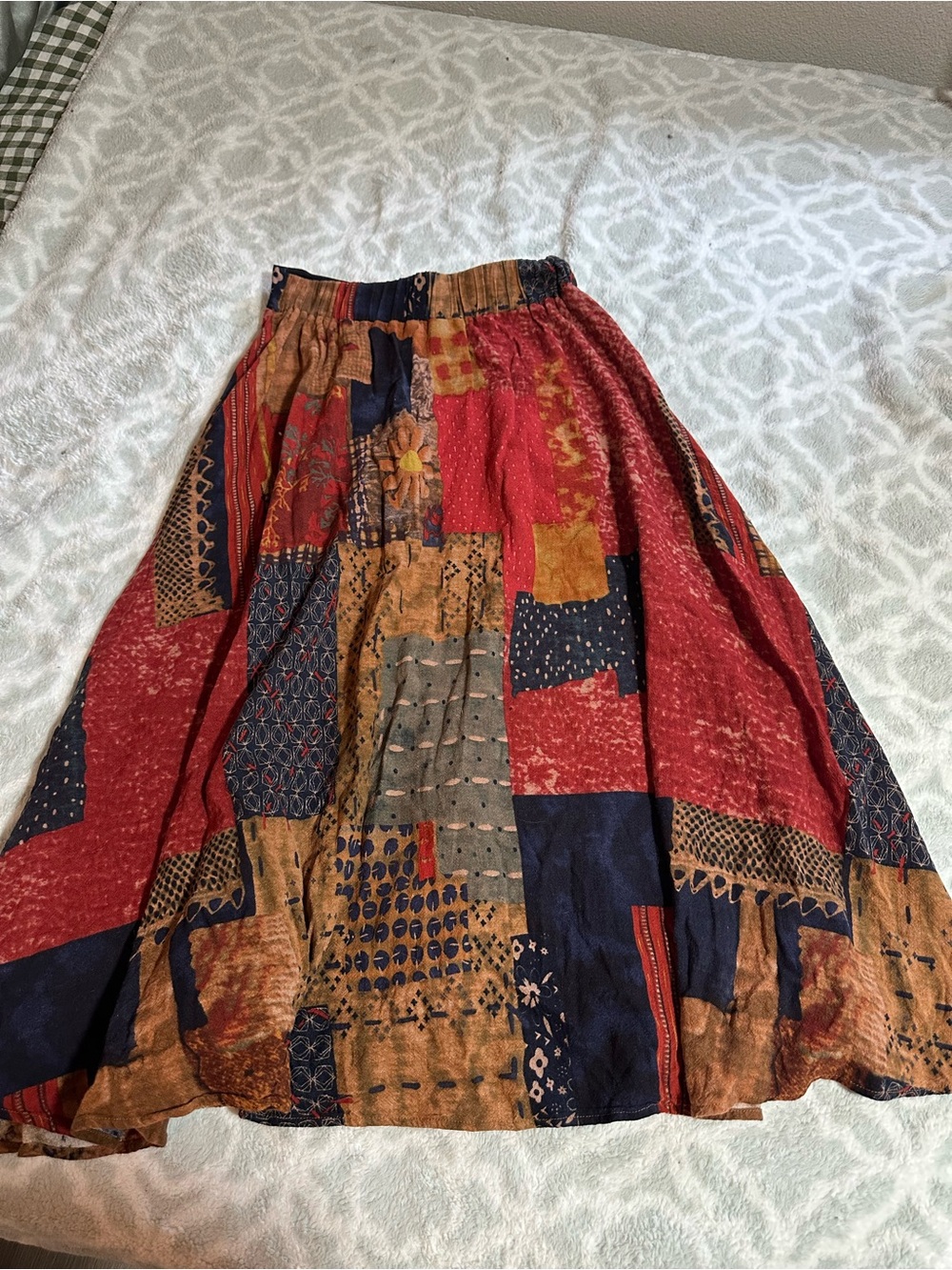Striped Patchwork Midi Skirt in Red, Navy & Mustard